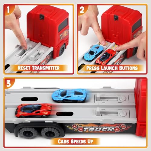 Image of Brand Conquer Big Hauler Storage & Transform Transport Truck Toy for Kids |3-in-1 Carrier Truck with 2 Foldable Ejection Race Tracks & 4 Die-Cast Cars |61 Inch Dual Racing Track | Educational (Red)