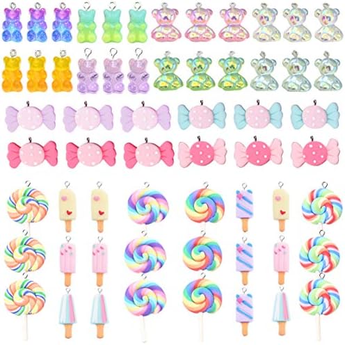 ZOCONE Colorful Candy Pendant Charm, 60 Pcs Mixed Cute Charms Set Contains Gummy Bear Charms Ice Cream Sweet Candy Pendants Lollipop Shape Polymer Clay Charms, Resin Charms for Jewelry Making