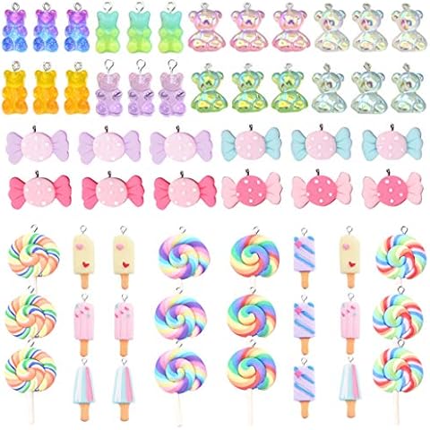 ZOCONE Colorful Candy Pendant Charm, 60 Pcs Mixed Cute Charms Set Contains Gummy Bear Charms Ice Cream Sweet Candy Pendants Lollipop Shape Polymer Clay Charms, Resin Charms for Jewelry Making Cover