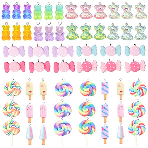 ZOCONE Colorful Candy Pendant, 60 Pcs Mixed Cute Charms Set With Gummy Bear, Ice Cream, Sweet Candy, Lollipop Shape Polymer Clay and Resin Charms for Jewelry Making by ZOCONE - Used condition - US$13.56