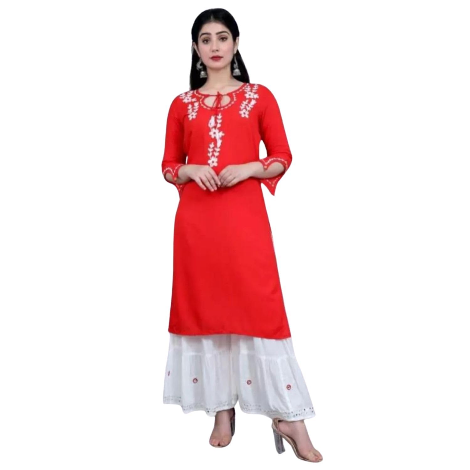 GenericAJMERA Garments Women's Casual Rayon Round Neck 3/4 Sleeve Embroidered Kurta Sharara Set