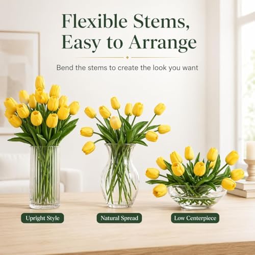MACTING 30PCS Artificial Yellow Tulip Flowers, Real Touch Soft PU Tulips - 4