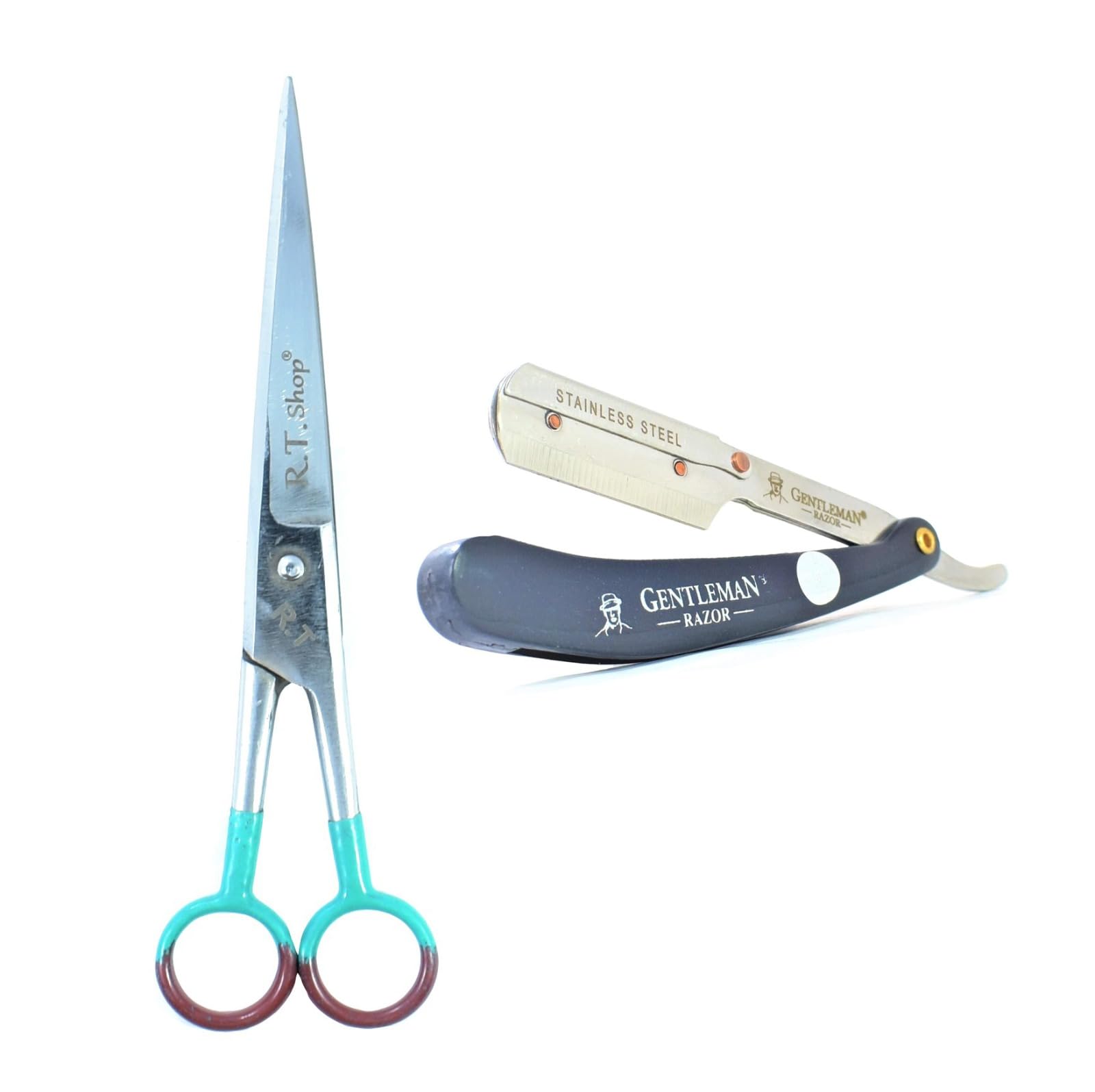 RT SHOP Hair Cutting Scissors 7.5" Men Folding Razor Personal Stainless Steel Sliding Shaving Razor Straight Stainless Steel Blades (Combo of 2) (Blue Black)-picture-36