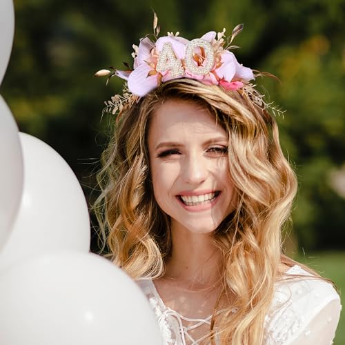 Handmade-Floral-Crown-Pink-Headband-with-Flowers-and-Pearls-Elegant-40th-Birthday-Accessory-for-Women