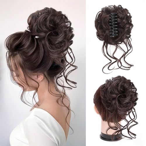 Foaoit Claw Clip Messy Bun Hair Pieces for Updos Wavy Curly Bun Extensions Tousled Updo Messy Bun Hair Piece (Dark Brown)
