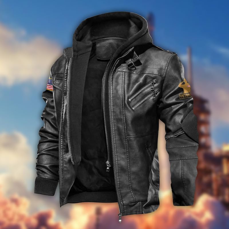 Veteran Leather Biker Jacket Men - United States Skull Mens Military Jacket, Veterans Day Gifts, Father's Day Gift