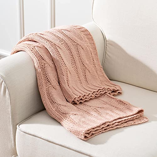 Battilo Blush Cable Knit Throw Blankets For Couch Bed Sofa, Acrylic Knitted Blanket, Soft Cozy Throw Blanket, 50" X 60" #TOP2