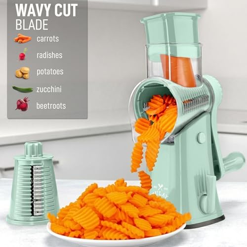 Image of Zulay Kitchen Rotary Cheese Grater 5 Blade Cheese Shredder - Manual Hand Crank Cheese Grater With Reinforced Suction & 5 Interchangeable Drums - Easy to Use, Vegetable Chopper Round Mandoline Slicer