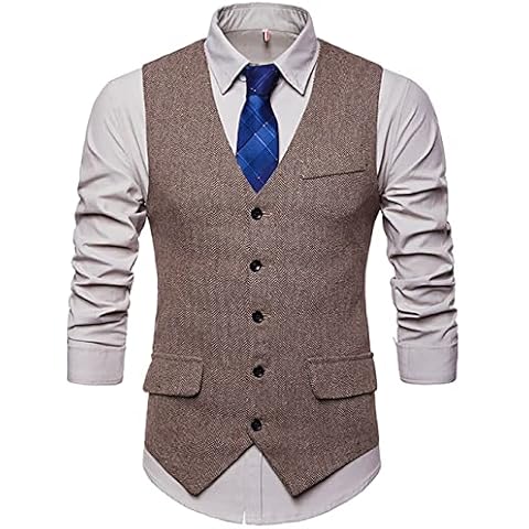 RONGKIM Men's Herringbone Tweed Suit Vest Business Casual Wool Blend Waistcoat Formal Dress Vest for Wedding Party (Khaki, X-Large) Cover