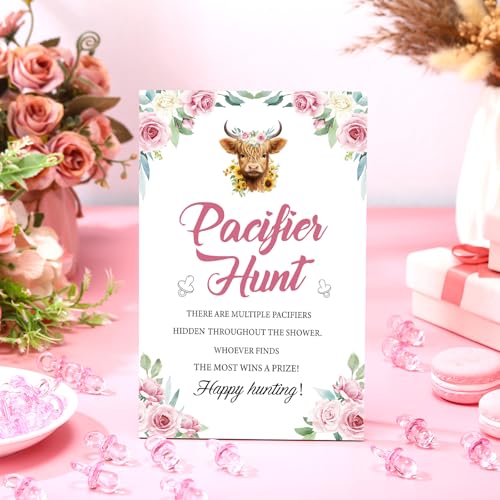 Image of Thyle 51 Pcs Highland Cow Pacifier Hunt Baby Shower Games for Girls Include Hunt Sign and 50 Acrylic Pacifiers Boho Pink Floral Baby Shower Game Decoration Gift Sets for Gender Reveal Party Decor