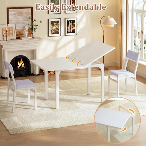 Image of HUAHUU 5-Piece Dining Table Set for 4, Extendable Kitchen Table Set with 4 Upholstered Cushion Chairs, Rectangle Table with Metal Frame & MDF Board, Folding Space-Saving for Small Apartment, White