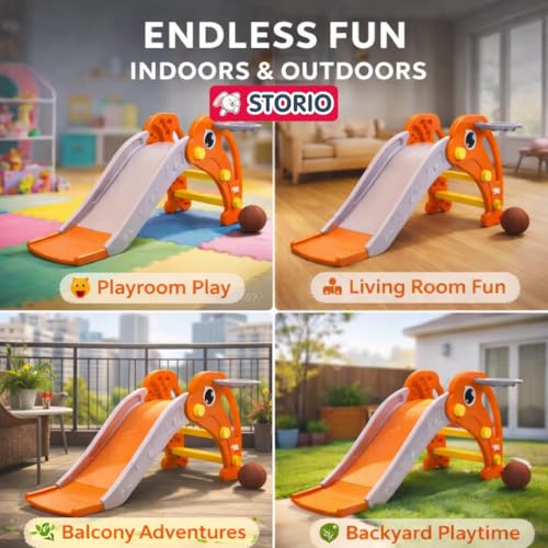 Image of Storio Toddler Small Size Slide with Basketball Hoop Dolphin Themed Indoor & Outdoor for Kids Ages 1-2 | Orange | Safe, Sturdy & Fun Playset | Easy Assembly Toddler Slide for Boys & Girls