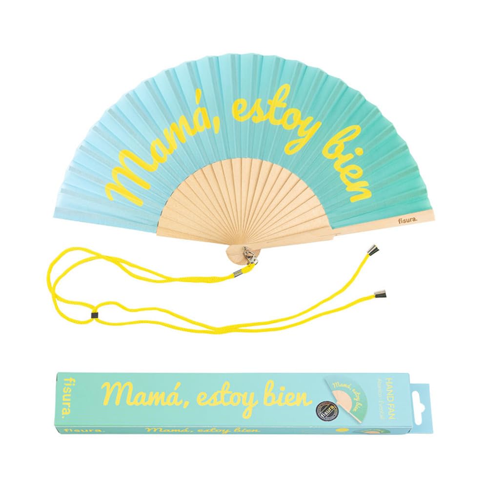 Fisura - Original handheld folding fan with the message in Spanish. Wooden fan. Original holding Hand Fans. Fan with hanger included (Mamá, blue gradient)