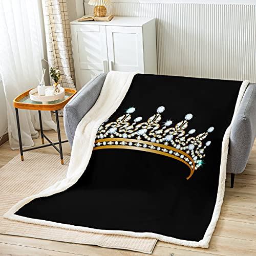 Gold Crown Fleece Throw Blanket Women Luxury Diamonds Plush Blanket for Bed Sofa Couch Kids Luxurious Gorgeous Sherpa Blanket Breathable Gray Black Fuzzy Blanket Room Decor Throw 60"x80"