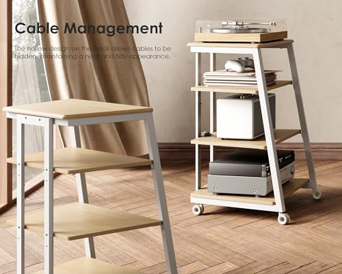 Image of FITUEYES 4-Tier AV Media Stand Corner Shelf Stand Wooden Corner Shelves Component Cabinet Stereo Rack Audio Tower with Height Adjustable Wooden Shelves for ps4 (White Oak)