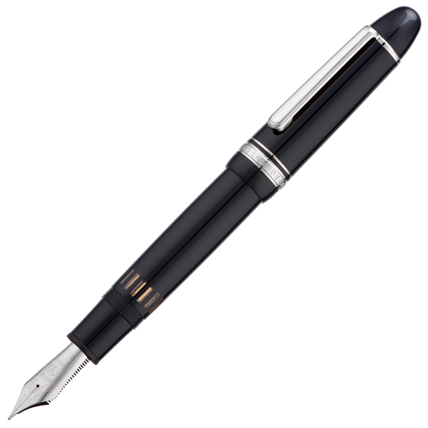 Yongsheng Junlai 930 - Pluma estilográfica acrílica, plumín mediano tamaño 9 con sistema de llenado de pistón, tanque de tinta de valla negro piano con diseño de forma de torpedo (Borde Plateado)