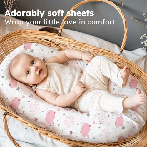 Image of Baby Bassinet Sheets, 3 Pack Fitted Bassinet Mattress Sheets, Compatible with Halo Bassinest Swivel Sleeper & Oval Hourglass Rectangle Mattress, Ultra Soft Pink Rainbow