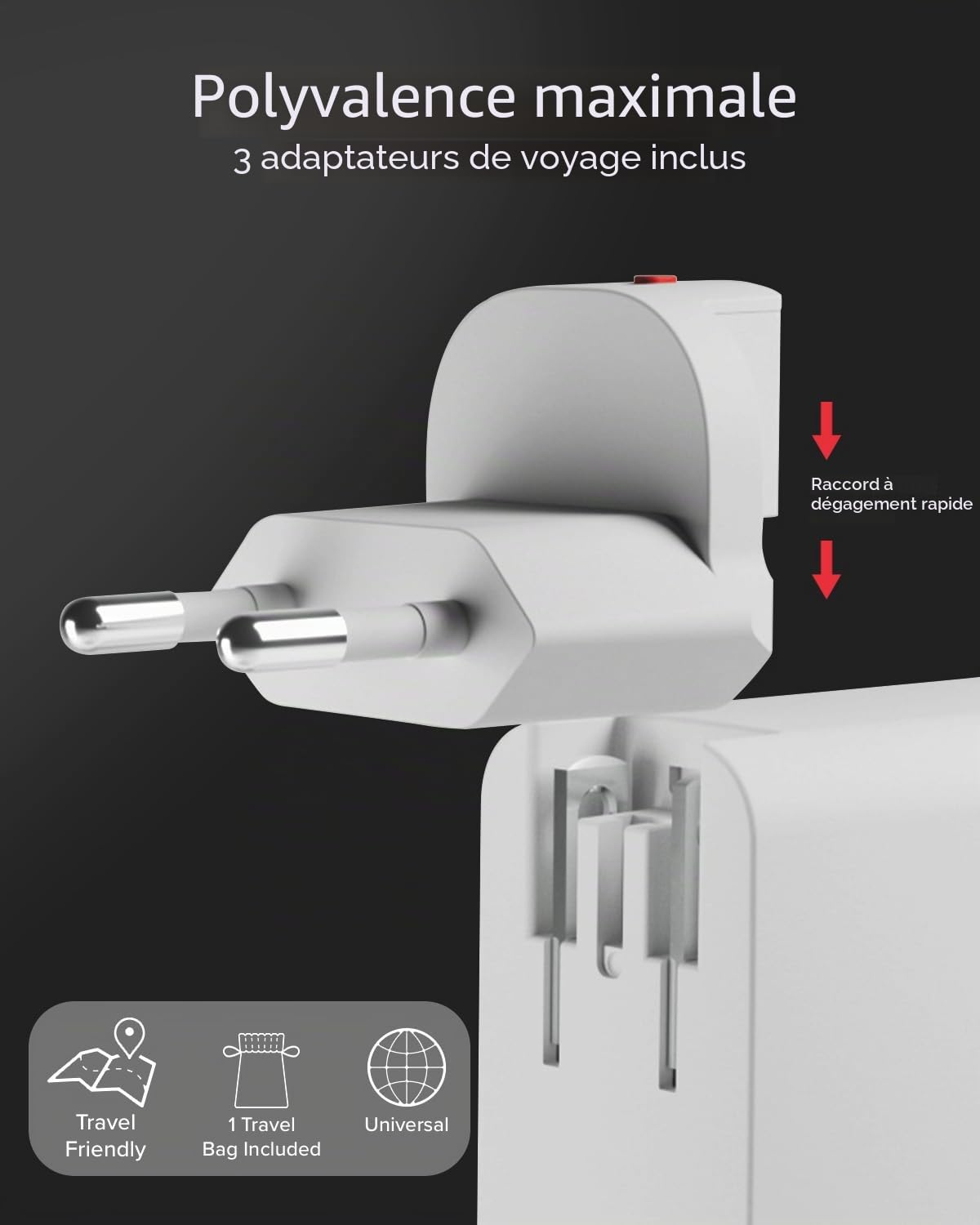SBS Travel Adapter USB-C 100W, Chargeur de Voyage avec Fiches US/UK/EU/AU | Convertisseur Adaptateur 4 ports USB, Power Delivery (PD), Recharge Rapide pour iPhone, Android, MacBook et Ordinateur, Blanc