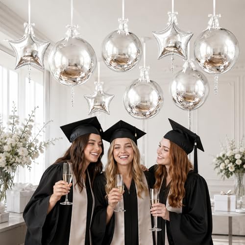 Image of 9 Pcs Silver Round Foil Balloons and Star Balloons 22 /18 4D Ball Balloon Metallic Silver Star Mylar Balloon Chrome for Graduation Birthday Wedding Anniversary New Year Disco Prom Party Decor