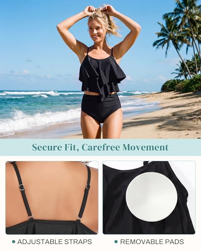 Image of Bathing Suits for Women High Waisted Swimsuits Tummy Control Two Piece Tankini Ruffled Top with Swim Bottom Bathing Suits