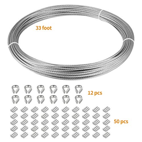 Eowpower 1/16 Inch Stainless Steel 316 Aircraft Cable Wire Rope Marine Grade, 33Ft Length 7X7 Strand Core With 50Pcs Aluminum Sleeves And 12Pcs Thimbles #TOP2