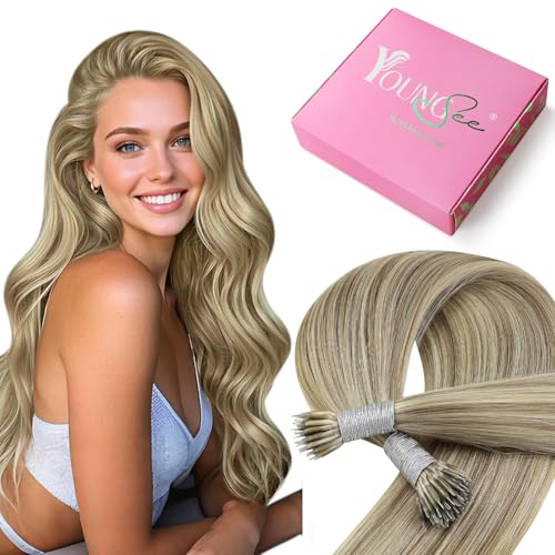 Image of YoungSee Nano Ring Hair Extensions Brown Highlight Nano Bead Hair Extensions Human Hair Light Brown Highlight Platinum Blonde Nanos Hair Extension Lightweight Hair for Wedding 20 inch 50 Strands 50g