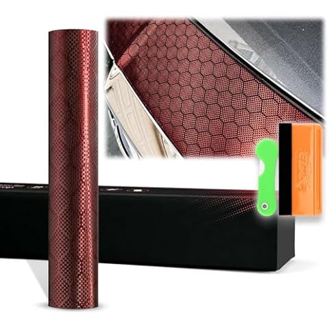 12"x60" (1FTx5FT) Dark Red PET Honeycomb Carbon Fiber Satin Vinyl Wrap Auto Car Sticker Decal Film Sheet Like Paint Bubble Free Air Release Technology with Tool Kit Cover