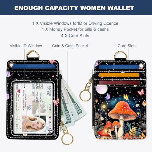 Image of Slim Wallet Credit Card Holder, Colored Mushroom, RFID Wallet Women Cute Small Front Pocket Wallet With Zipper, PU Leather Thin travel RFID Blocking Card Case ID Window,Ladies Gifts