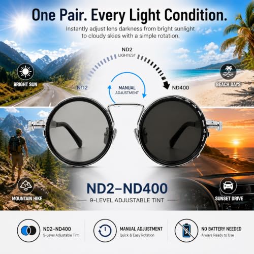 Image of Lucario Adjustable Tint Sunglasses, 1-9 Gears Rounded Polarized Glasses with ND Filter Lenses, for Men Beach Shady Fishing Driving.