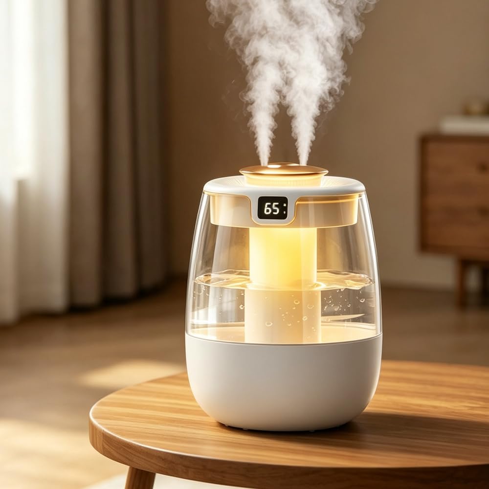 Humidifier for Bedroom, Air Humidifier, 1.3L Cool Mist Humidifier with Night Light, Bedroom Humidifier Quiet with UV Sterilizer and Digital Display, Room Humidifier Small for Plants, Office