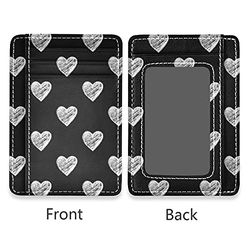 Silver Glowing White Hearts Seamless On Black Slim Minimalist Wallet, Front Pocket RFID Blocking Leather Credit Card Holder, Case Protector Covers for Men Women2