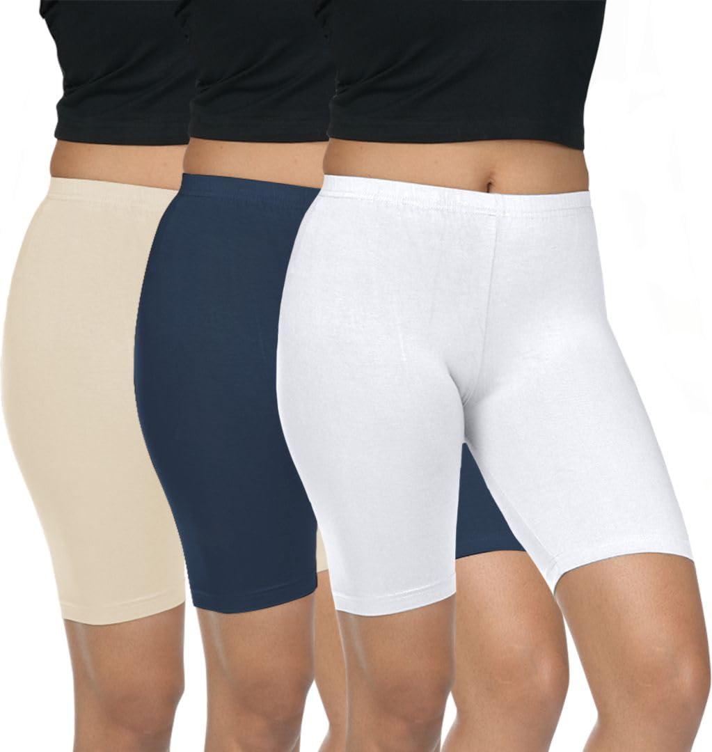 Pack of 3 Women Viscose Blend Solid Shorts (Cream/Navy Blue)-image-34