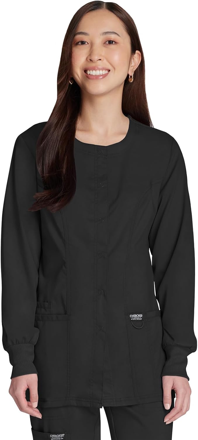 Cherokee Womens Scrub Jacket Nurse Snap Front Medical Uniform with Pockets, 2-Way Stretch, Easy Care Soft Fabric - WW310