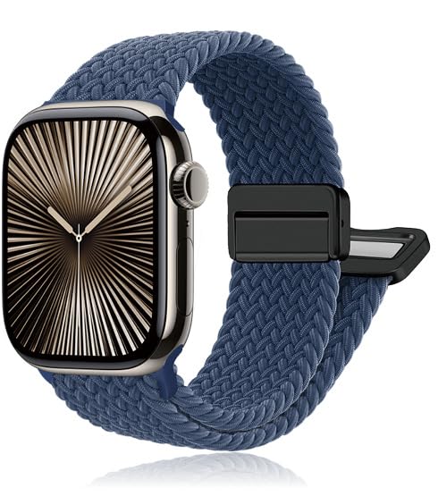 Magnetic Braided Stretchy Loop - Compatible with Apple Watch Band 42mm 46mm 40mm 41mm 44mm 45mm 38mm Ultra 3/2 49mm Women Men,Elastic Woven Fabric Nylon Strap for iWatch 11 10 9 8 7 6 5 4 3 SE Ultra