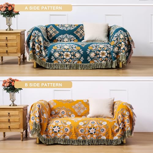 Boho Throw Blanket, 100% Cotton Soft Sofa Bed Queen Throw-Floral Farmhouse Decor Blanket, Reversible Bohemian Yellow Throw for Chair Couch Quilt and Gift, 80" x 90"