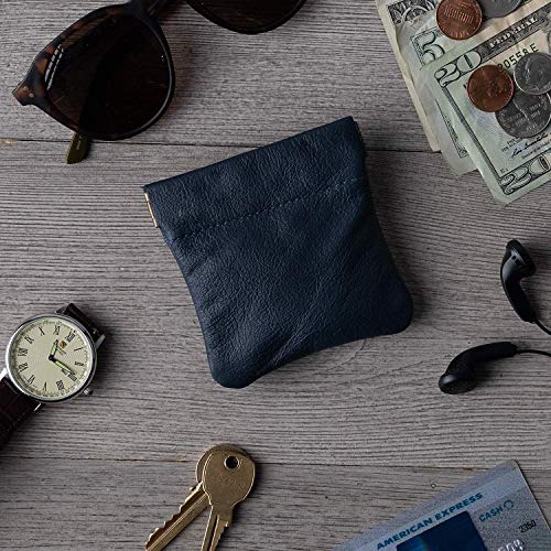 Image of Classic Leather Squeeze Coin Purse change Holder For Men, Pouch size 3.5 in X 3.25 in. high, Navy