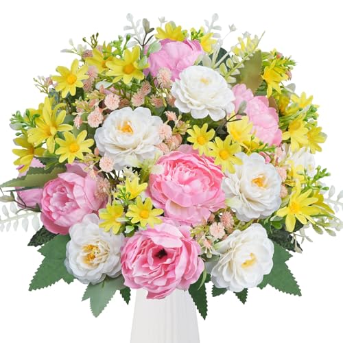 Zythrem Pink Artificial Flowers Fake Silk Peony Bouquet Mix Yellow Daisies Bouquet Faux Flowers Peony Artificial Flowers for Graves, Wedding, Home, Garden, Hotel, Office, Table, Centerpieces