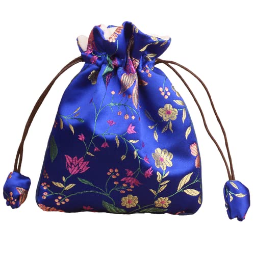 Only My Live Home Drawstring Large Jewelry Storage Bags with Velvet Lining, Chinese Silk Brocade Pouch, Long Necklace Sweater chain Packaging Pouches 5.7x 7.3 inch (5, blue)