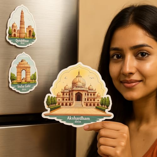 Image of Naxon Akshardham Delhi Theme Souvenir Wooden Fridge Magnet for Refrigerator - Printed Fridge Magnet for Kitchen & Home Decor | Perfect Souvenir Gift | Size 3x3 in | Pack of 1