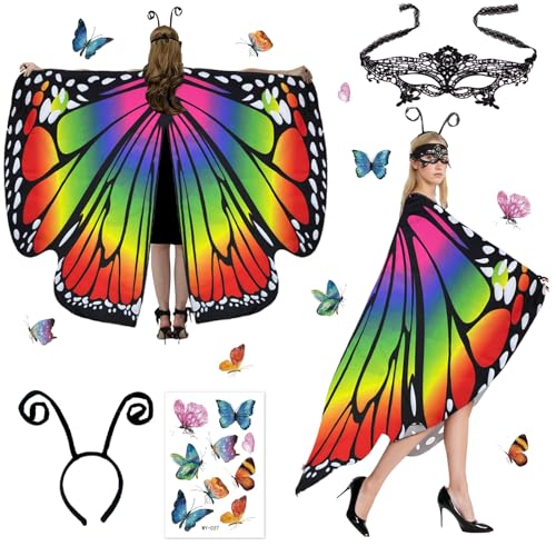 Déguisement De Papillon Pour Femme, Costume 4 Pièces Pour Adulte Avec Cape, Bandeau, Masque En Dentelle Et Autocollants Papillon. Idéal Pour Le Carnaval Et...