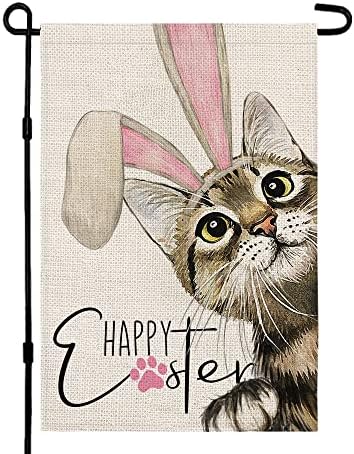 CROWNED BEAUTY Happy Easter Garden Flag 12×18 Inch Double Sided Cat with Rabbit Ear Outside Vertical Holiday Yard Flag