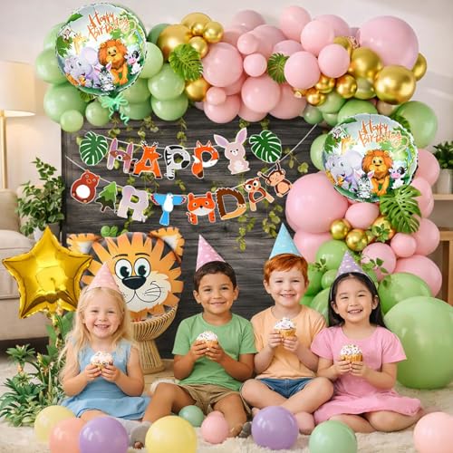 Image of Rozi Decoration Jungle Theme Birthday Decoration Set | 58-Piece Kit with Animal Banner, Tiger Foil Balloon, Green Pink Gold Latex Balloons & Arch Strip | Kids Safari Party Supplies