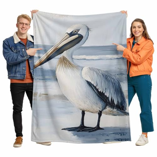 Coastal Beach White Pelican Flannel Fleece Throw Blanket, Ocean Wave Seaside Bird TV Blanket Lightweight Warm Soft Plush Blankets for Counch Sofa Bed Living Room All Season Use, 40x60in