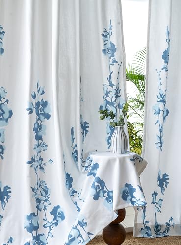 Image of Tranquebar Curtain Co. Window Curtains 5 Feet, 60-65% Room Darkening, Blue Floral Print, Cotton Curtains for Window, Cotton Curtains 5 Feet Long Set of 2, BackTab Loops, Zahra (152 cm) - Set of 2