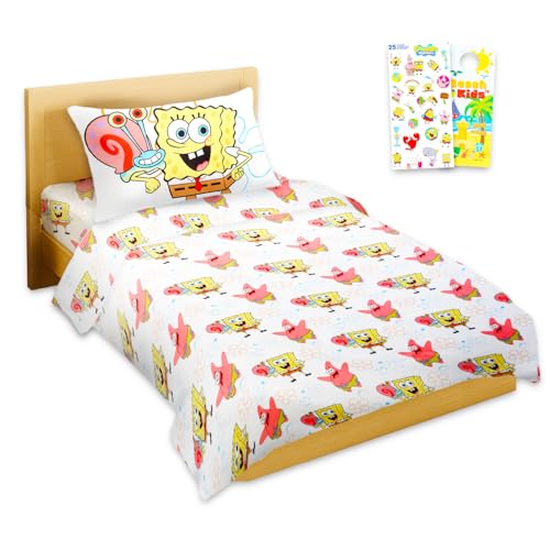 Spongebob Sheet Set Underwater Vibes - Bundle of Spongebob Bedding Including: Flat Sheet, Fitted Sheet, and Pillowcase for Twin Bed Plus Stickers, More for Kids