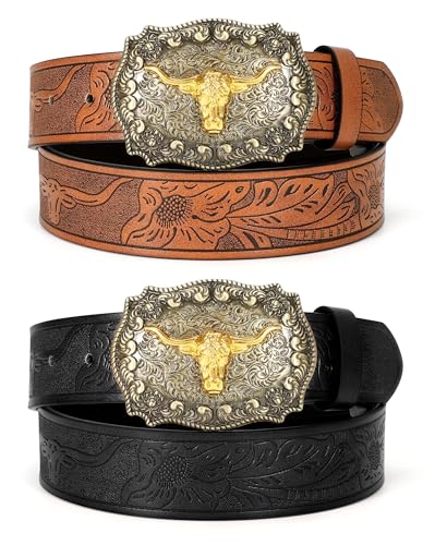 2 Pack Western Cowboy Belts for Men Women Cowgirl Country Floral Engraved Pu Leather Belt with Longhorn Bull Buckle