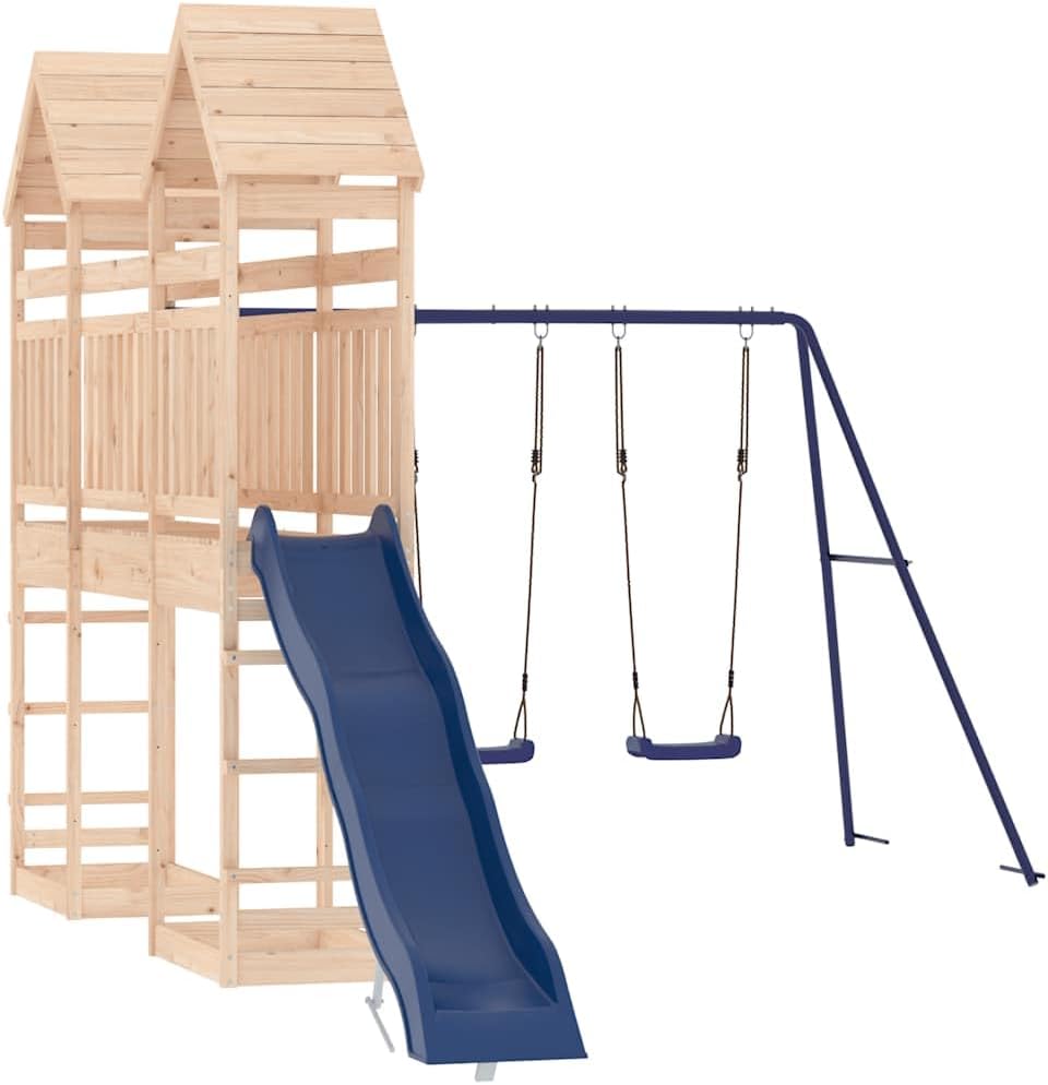 Natural Wood Solid Pine Wood Large Outdoor Playset with Wave Slide and Two Saddle Swings for Backyard, Durable Rustic Traditional Playground Set for Active Play, Entertains