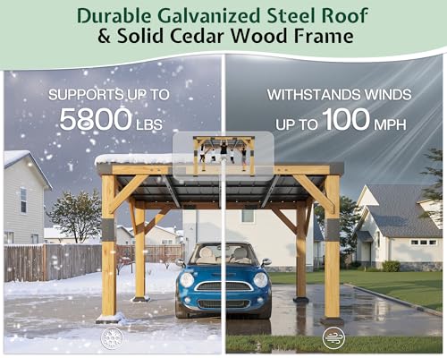 Image of Jocisland 10x12x8 FT Cedar Wood Carport, Heavy Duty Canopy Carport with Sloped Galvanized Steel Roof for All Weather, Permanent Shelter for Tractor, Motorcycle, Bike & Garden Tools