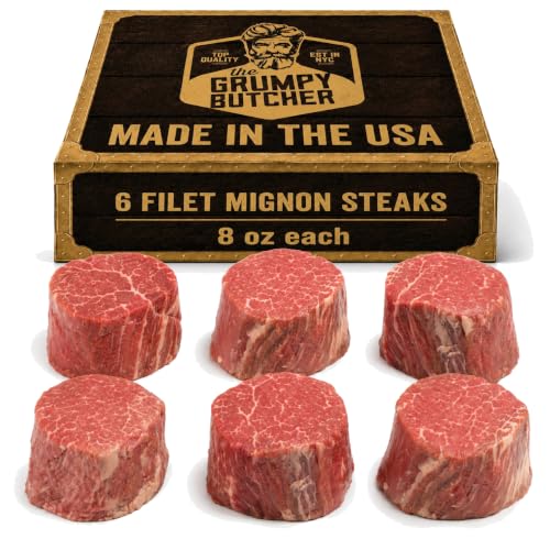 Image of Grumpy Butcher Large Filet Mignon Steaks, 6 Pack, 3 lb | 8 oz Each, USDA Top Choice, tender beef tenderloin, mild buttery flavor