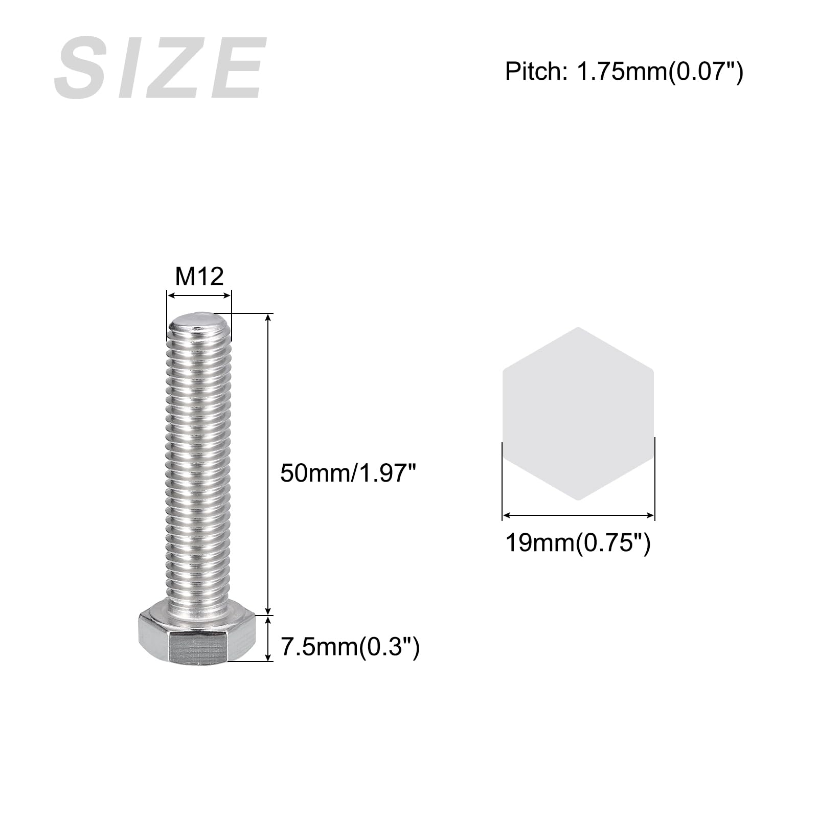 METALLIXITY Hex Bolts (M12-1.75x50mm) 4Pcs, 304 Stainless Steel Coarse Fully Threaded Hex Head Screw Bolt Machine Screws - Image 2